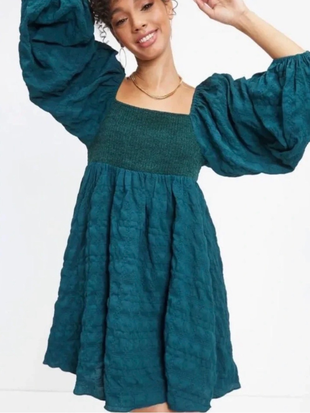 Vici Teal Puff-Sleeve Mini Dress